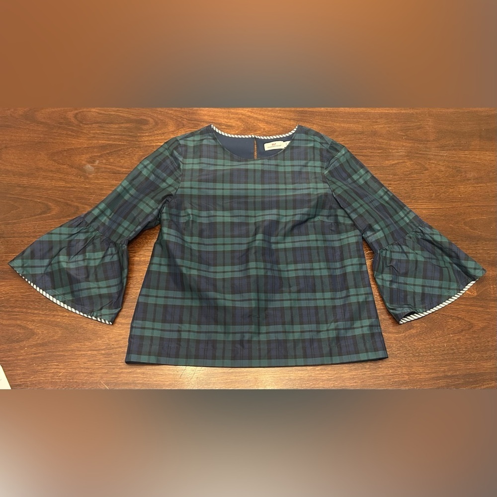 Vineyard Vines Green and Navy Plaid Bell Sleeve Top